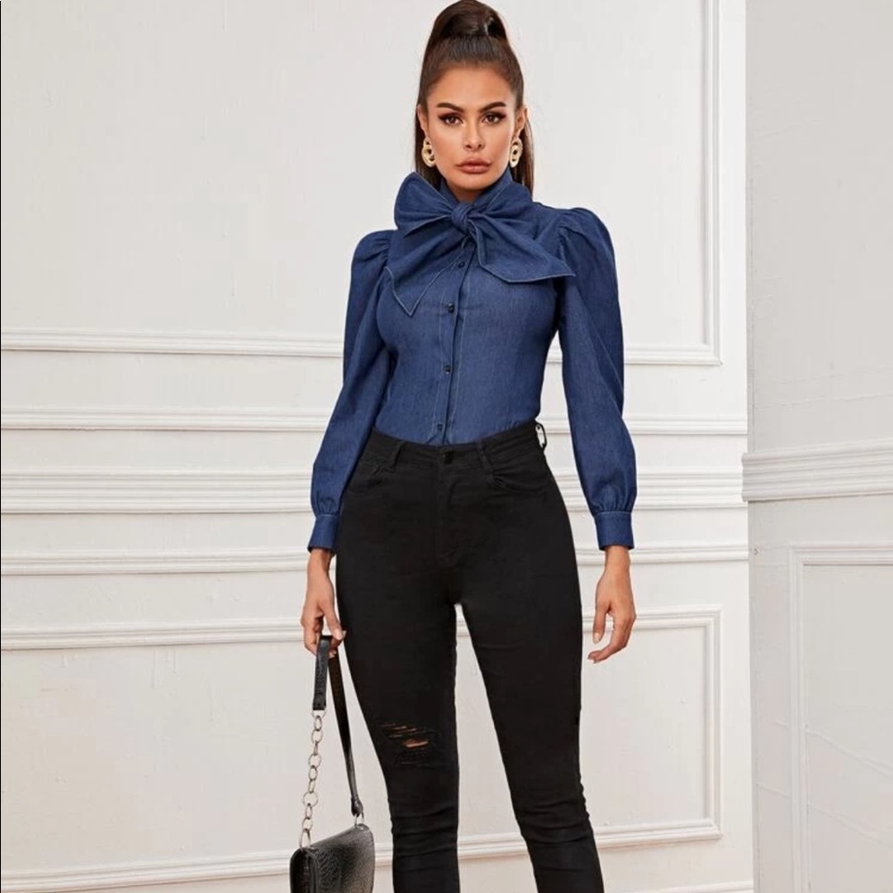 Bow Tie Neck Denim Blouse